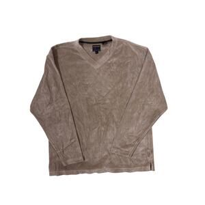 Vintage Alexander Julian Beige Velour Velvet V-Neck Pullover Sweater Mens Medium